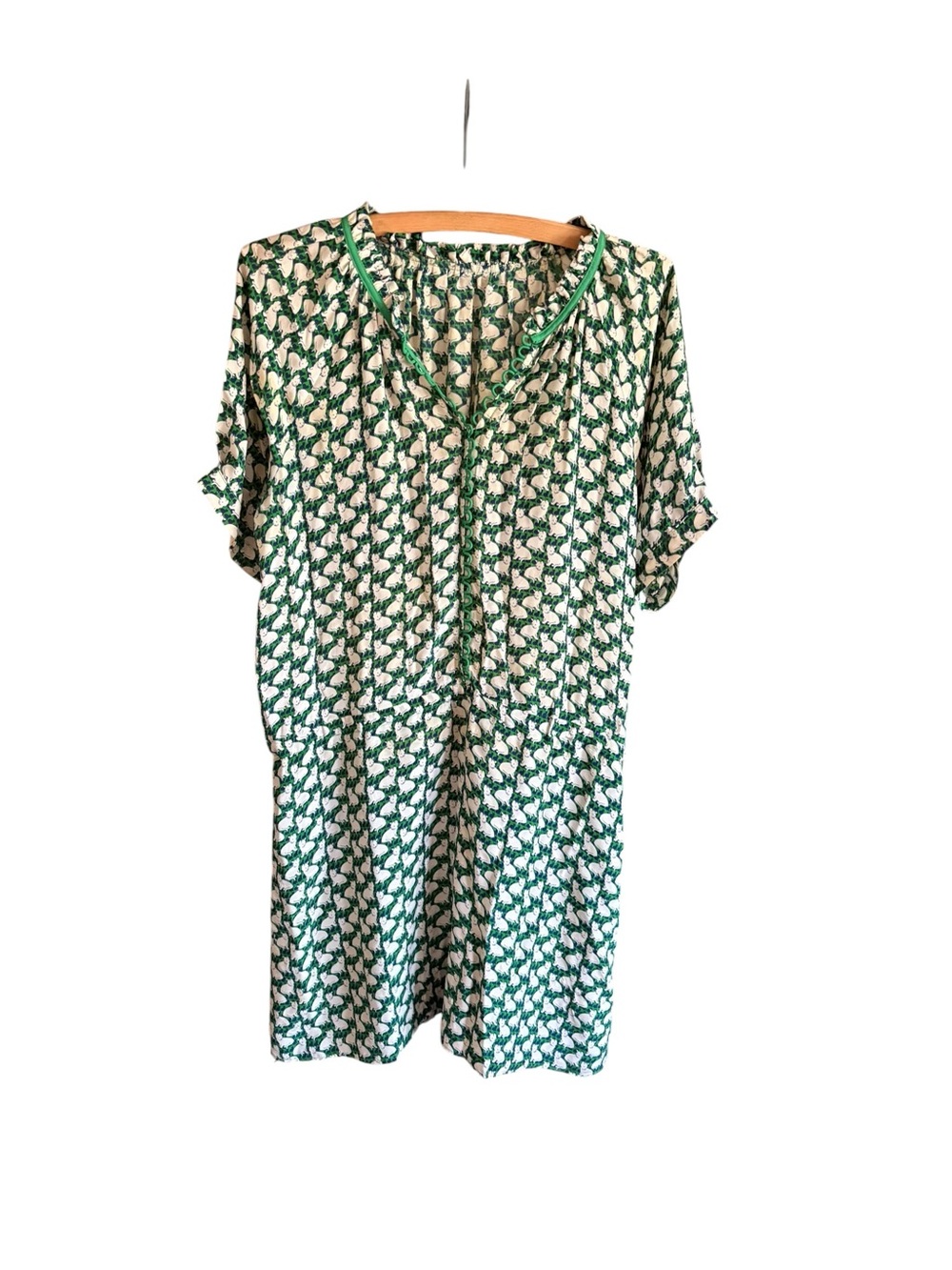 100% Silk Cat Print Mini Dress Green Blue Novelty Animal Print Size M